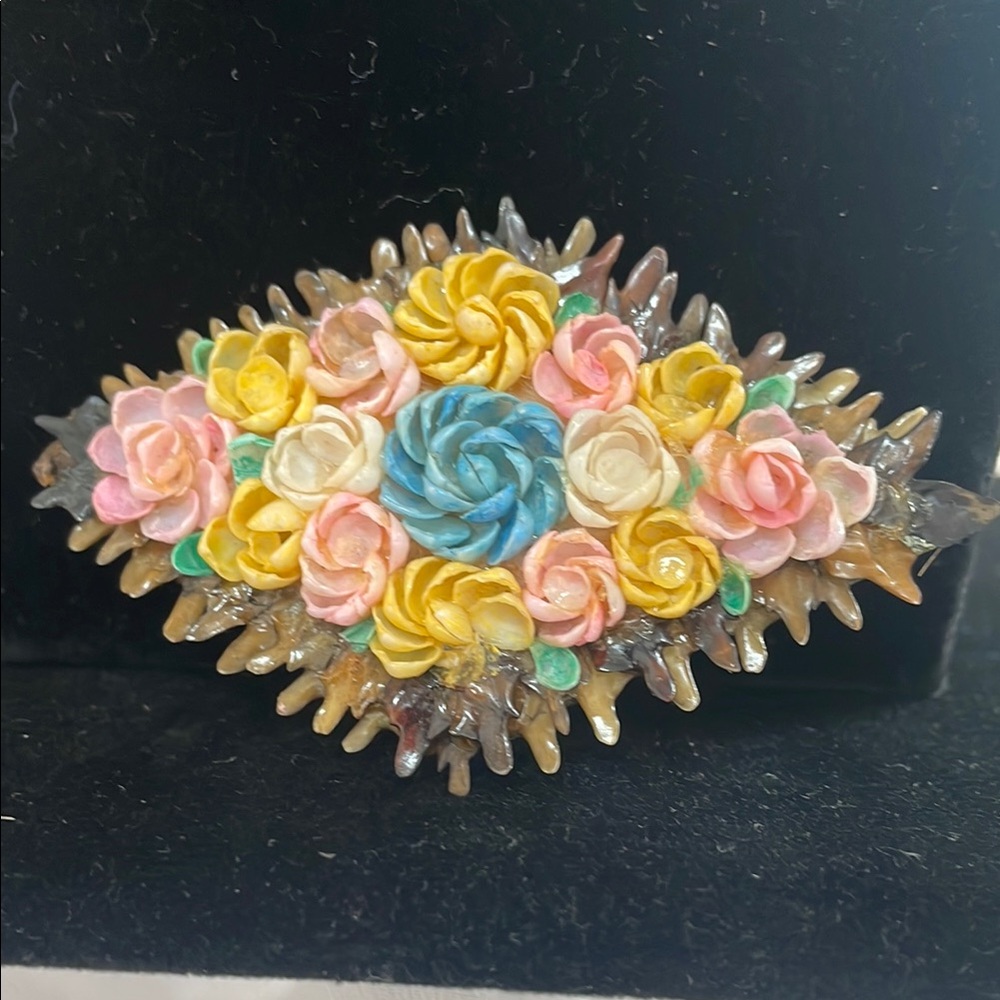 Vintage Celluloid and shell Brooch with Multicolor Roses